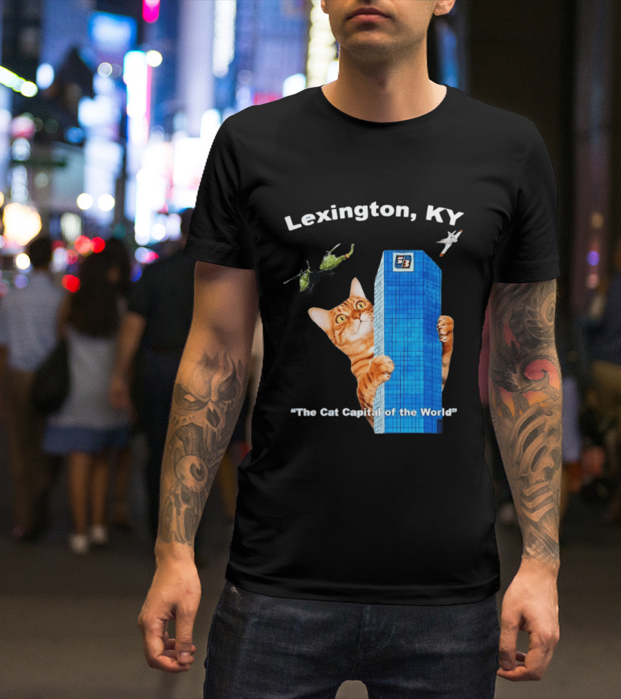 Lexington KY The Cat Capital Of The World Funny Cat With Building And Helicopter T-Shirt