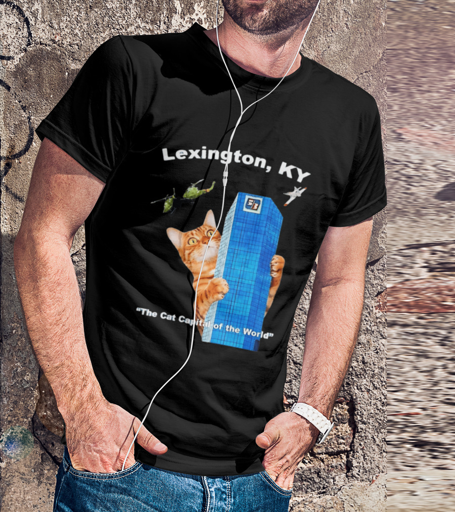 Lexington KY The Cat Capital Of The World Funny Cat With Building And Helicopter T-Shirt