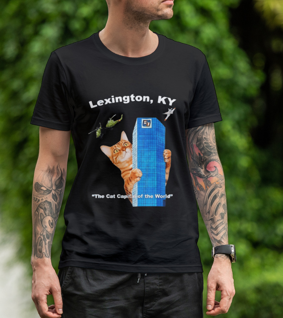 Lexington KY The Cat Capital Of The World Funny Cat With Building And Helicopter T-Shirt