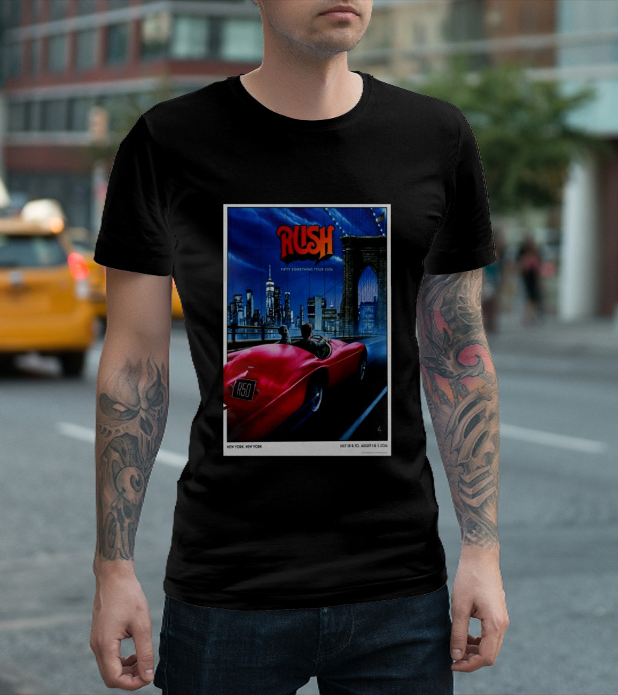 Rush Fifty Something Tour 2026 Manhattan NYC July 28 30 August 1 3 New York Bridge Red Car T-Shirt