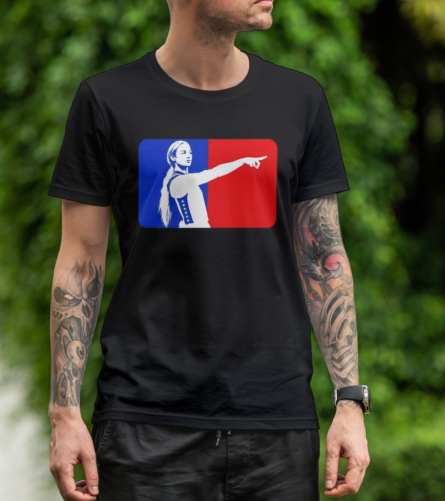 Sophie Cunningham WNBA 2026 Pointing Gesture In Blue And Red T-Shirt