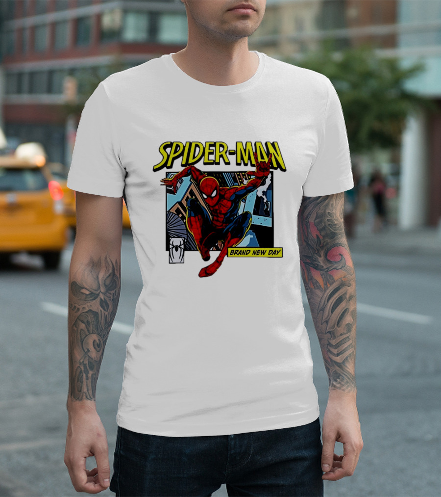 Spider Man Brand New Day Iconic Comic Style Swinging Action T-Shirt