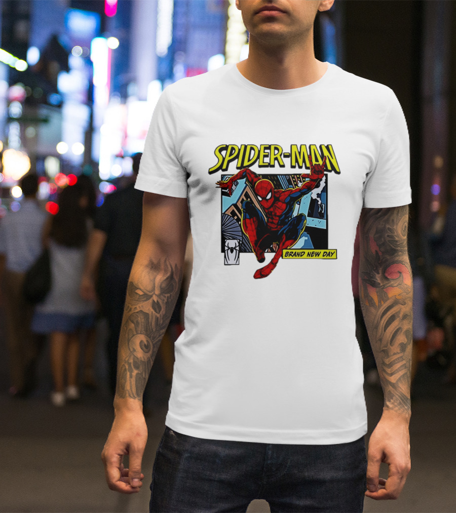 Spider Man Brand New Day Iconic Comic Style Swinging Action T-Shirt