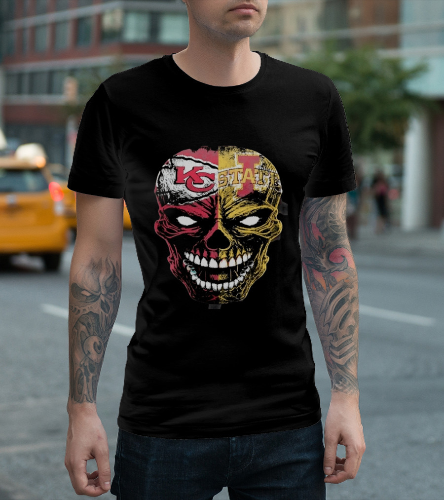 Kansas City Chiefs Iowa State Cyclones Skull Split Face T-Shirt
