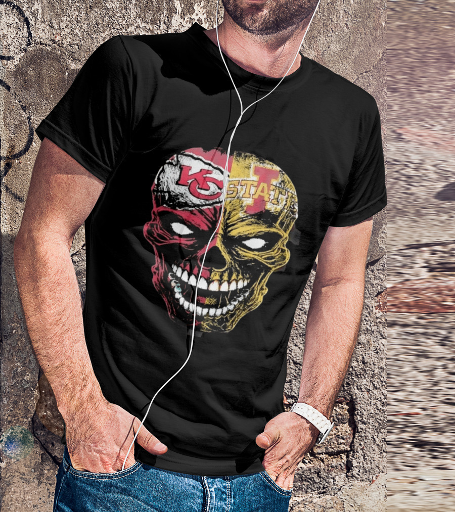 Kansas City Chiefs Iowa State Cyclones Skull Split Face T-Shirt