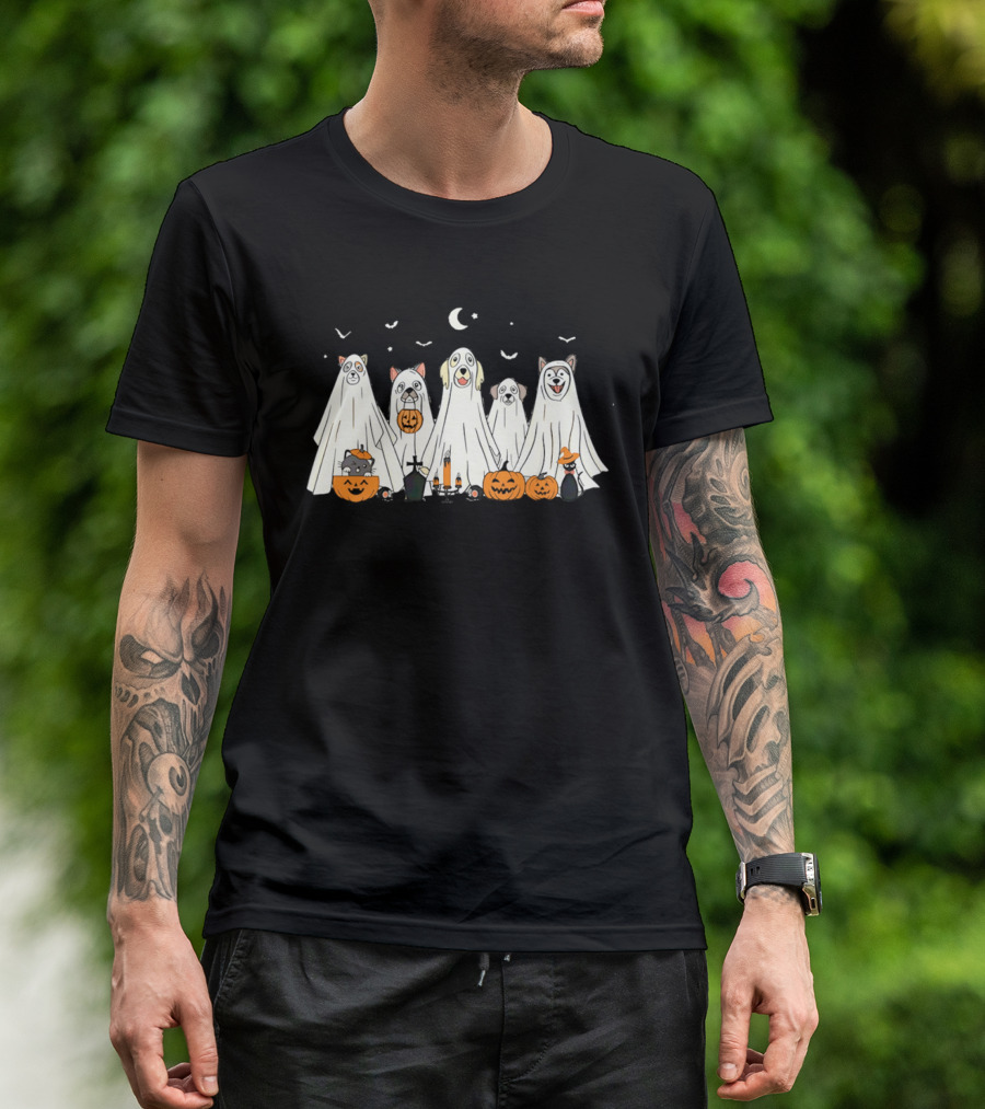Halloween Ghost Dog Pack With Pumpkins And Moonlit Night T-Shirt