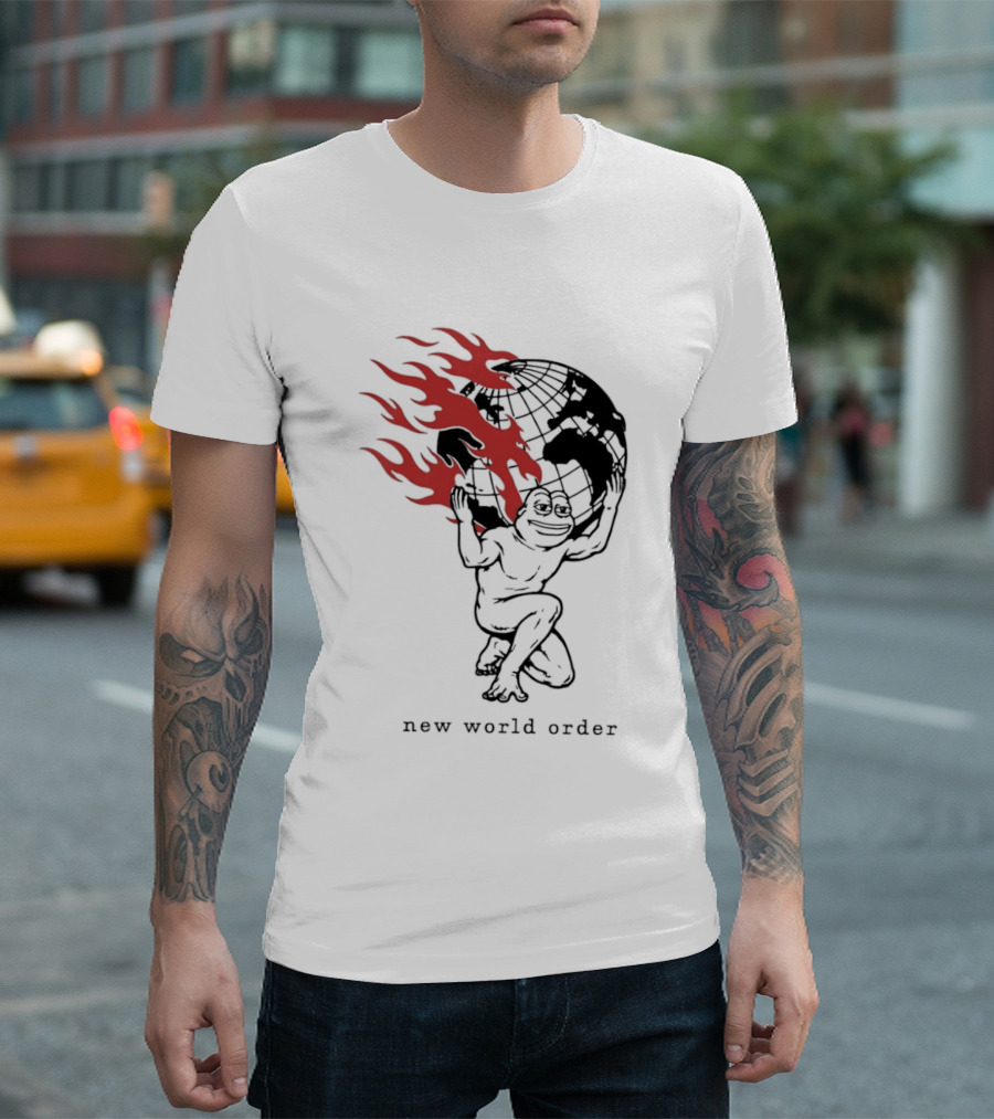 Frog Carrying Burning Earth With Flames New World Order T-Shirt