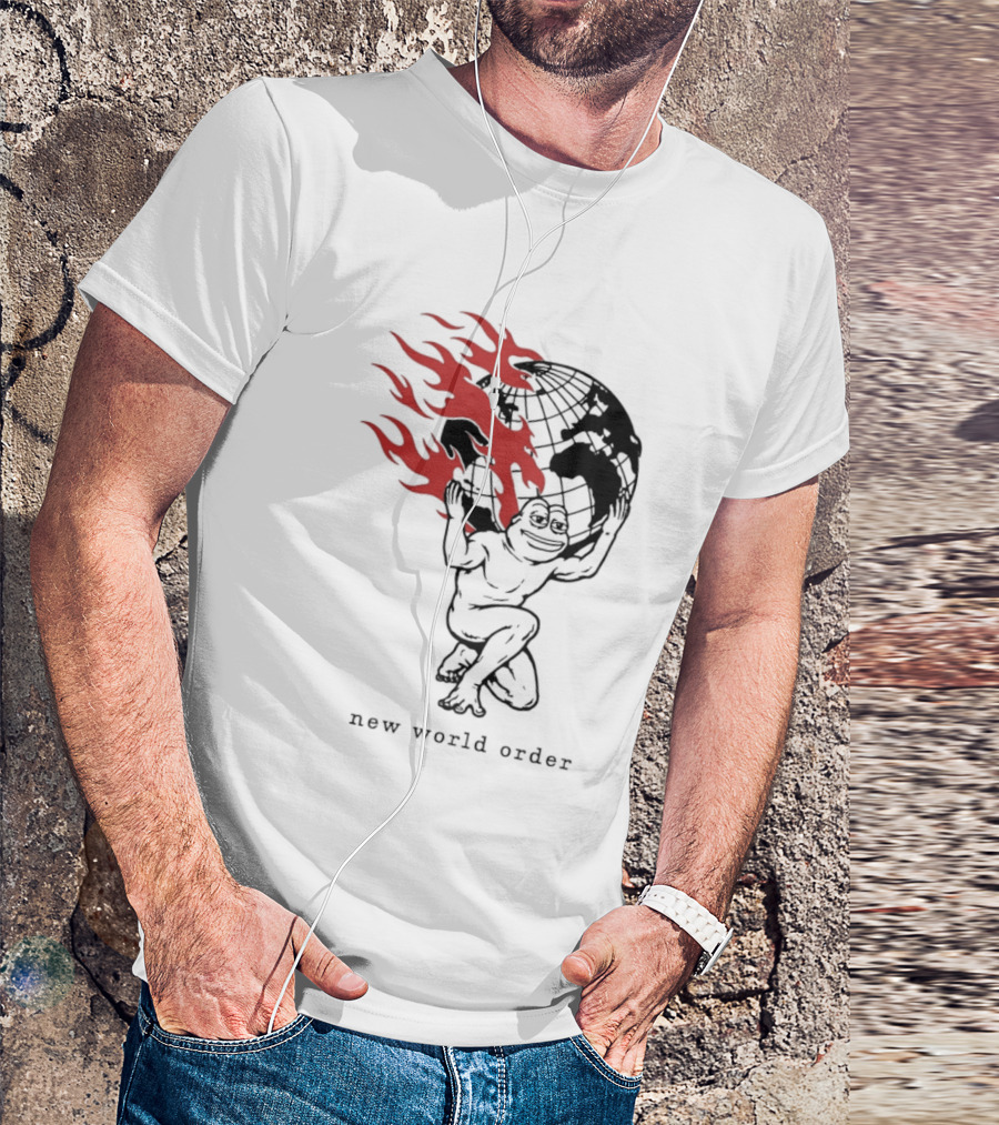 Frog Carrying Burning Earth With Flames New World Order T-Shirt
