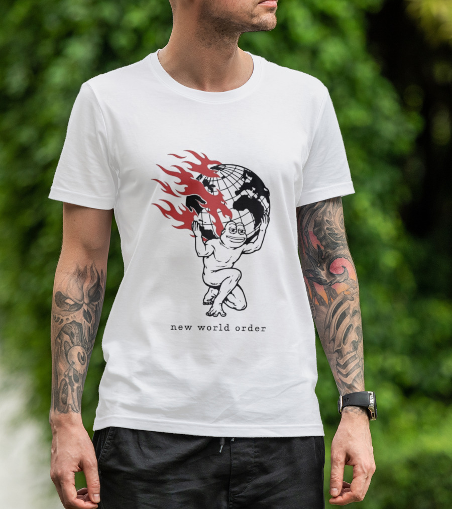 Frog Carrying Burning Earth With Flames New World Order T-Shirt