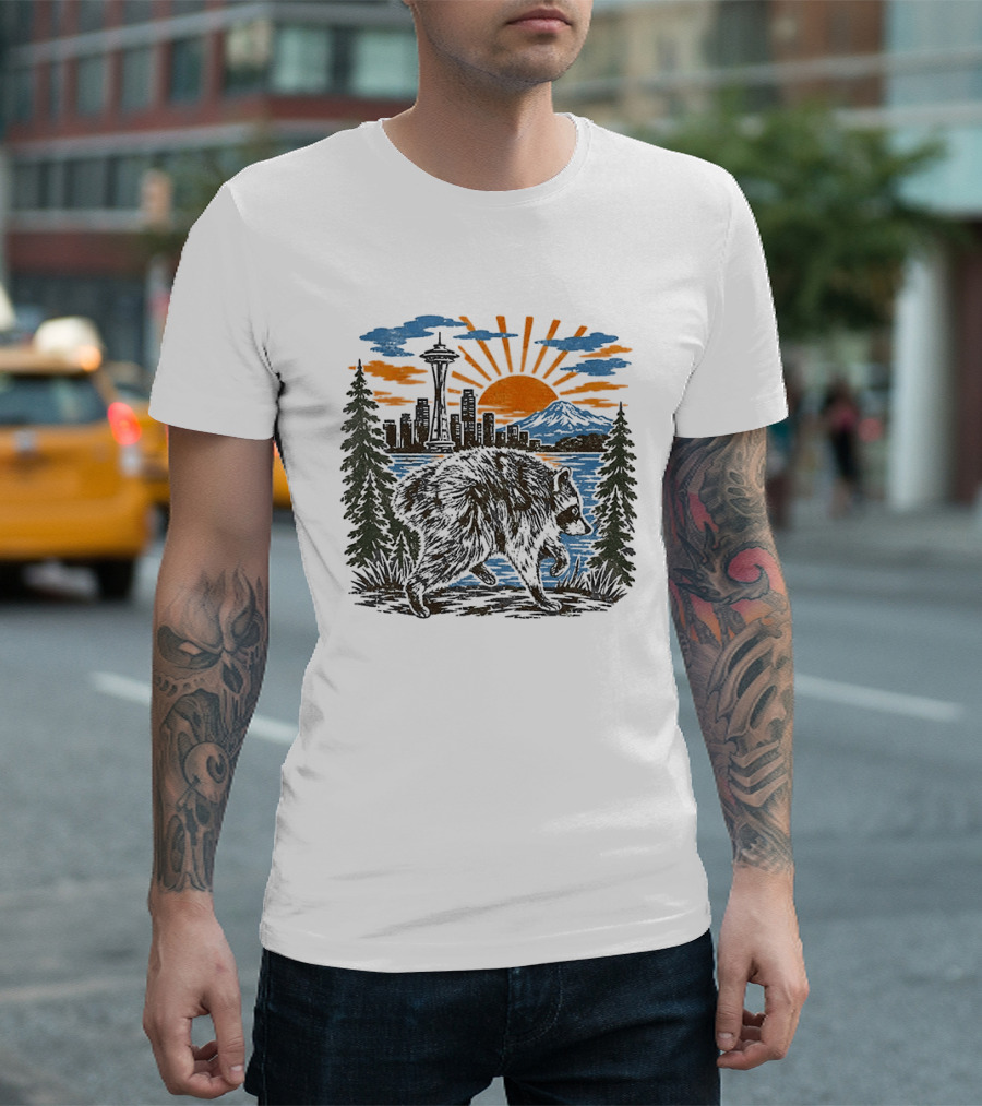 Raccoon Jimothy Seattle Skyline Sunset With Space Needle T-Shirt