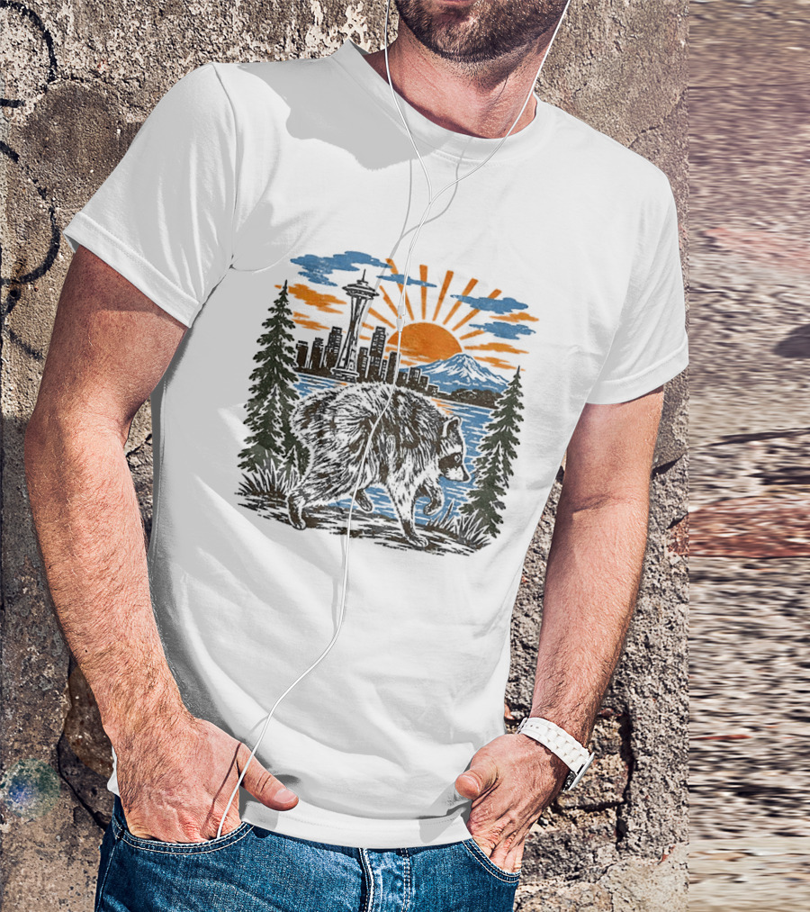 Raccoon Jimothy Seattle Skyline Sunset With Space Needle T-Shirt