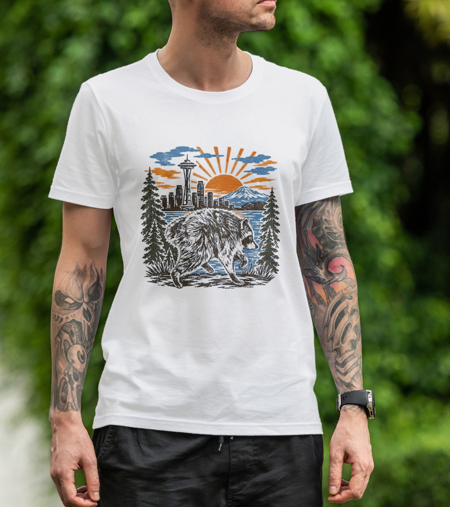 Raccoon Jimothy Seattle Skyline Sunset With Space Needle T-Shirt
