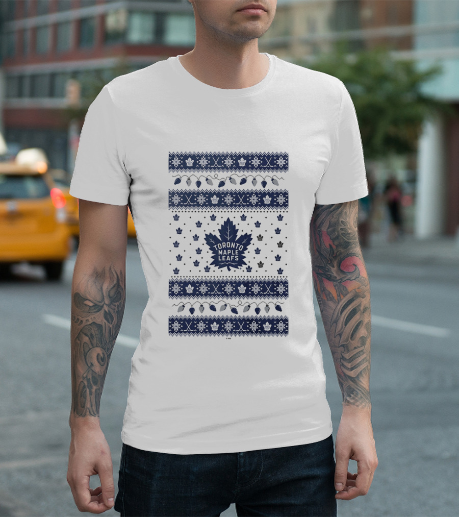 Toronto Maple Leafs Holiday Lights Festive Pattern Leafs Logo Snowflakes T-Shirt