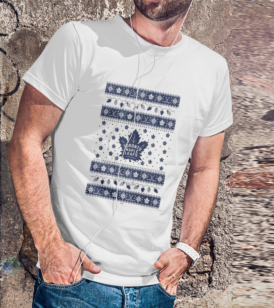 Toronto Maple Leafs Holiday Lights Festive Pattern Leafs Logo Snowflakes T-Shirt
