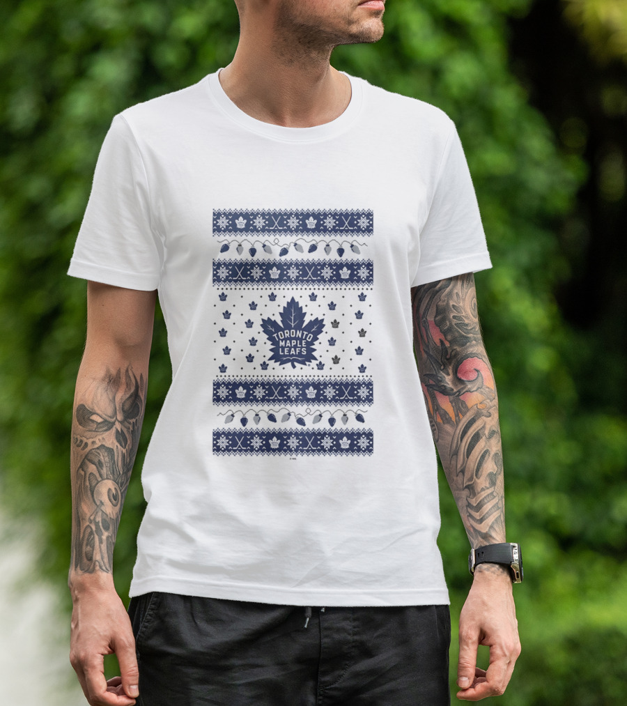 Toronto Maple Leafs Holiday Lights Festive Pattern Leafs Logo Snowflakes T-Shirt