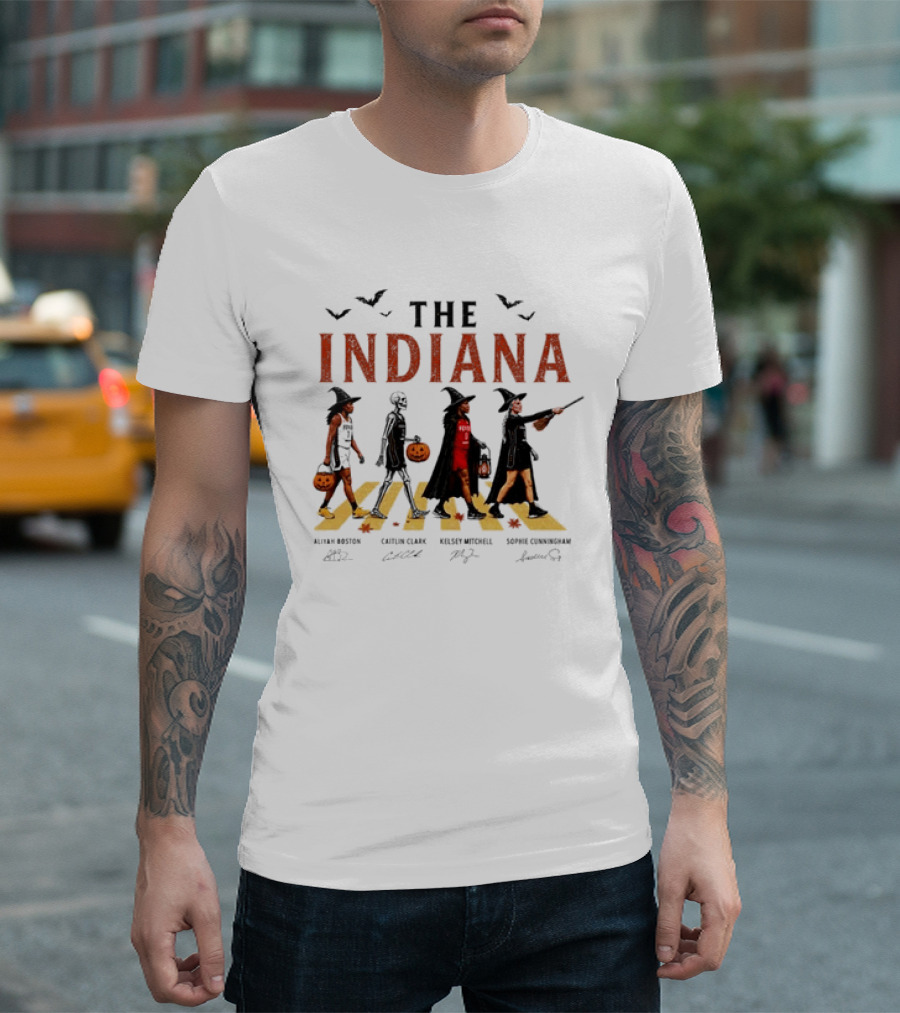 The Indiana Fever WNBA Aliyah Boston Caitlin Clark Kelsey Mitchell Sophie Cunningham Halloween Crosswalk Skeleton Witches Pumpkin T-Shirt
