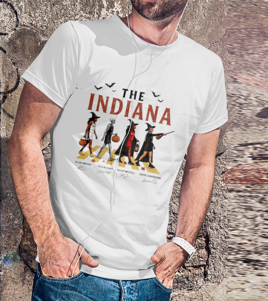 The Indiana Fever WNBA Aliyah Boston Caitlin Clark Kelsey Mitchell Sophie Cunningham Halloween Crosswalk Skeleton Witches Pumpkin T-Shirt