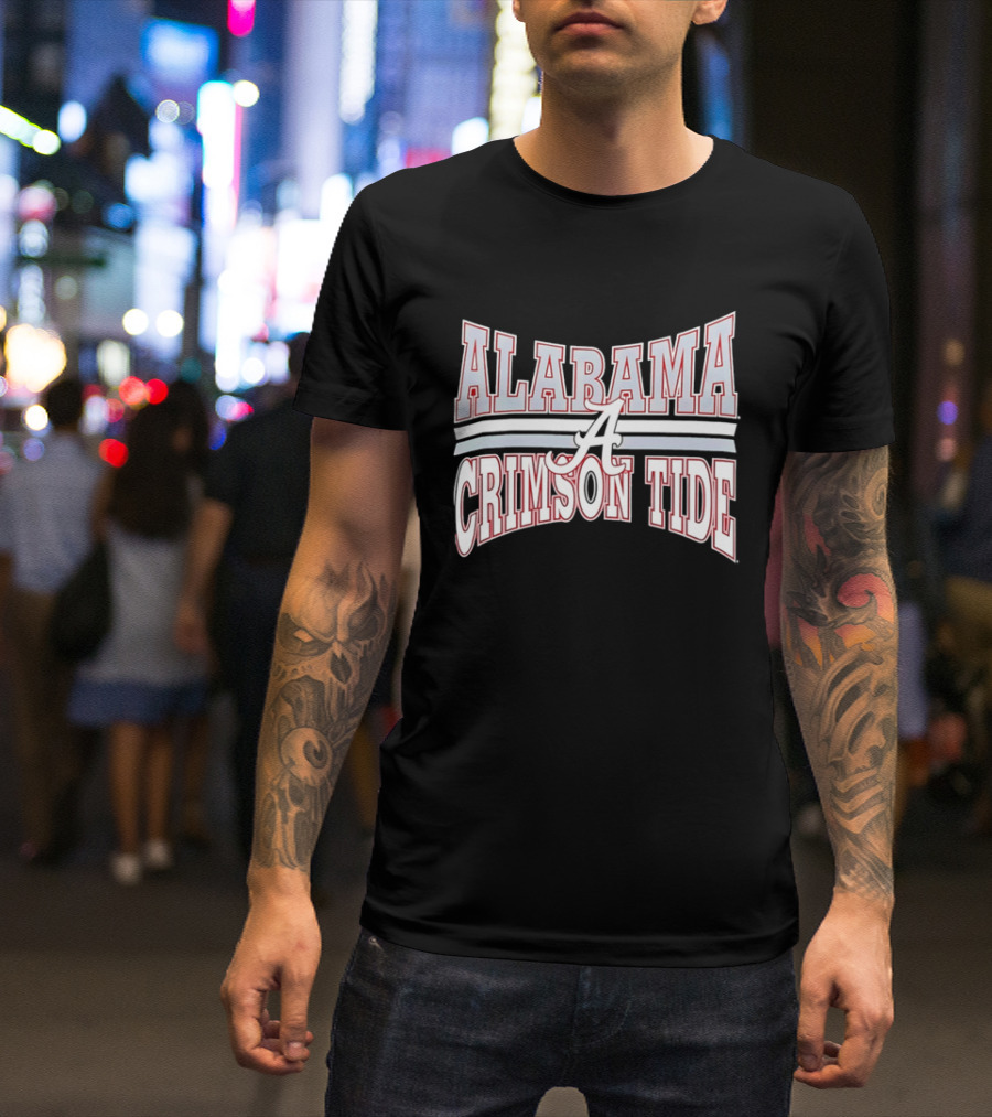 Alabama Crimson Tide Script A Curved Stripes Block Lettering T-Shirt