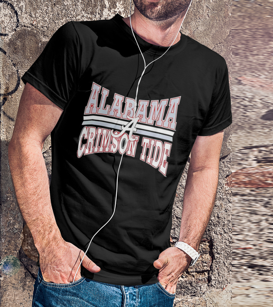 Alabama Crimson Tide Script A Curved Stripes Block Lettering T-Shirt