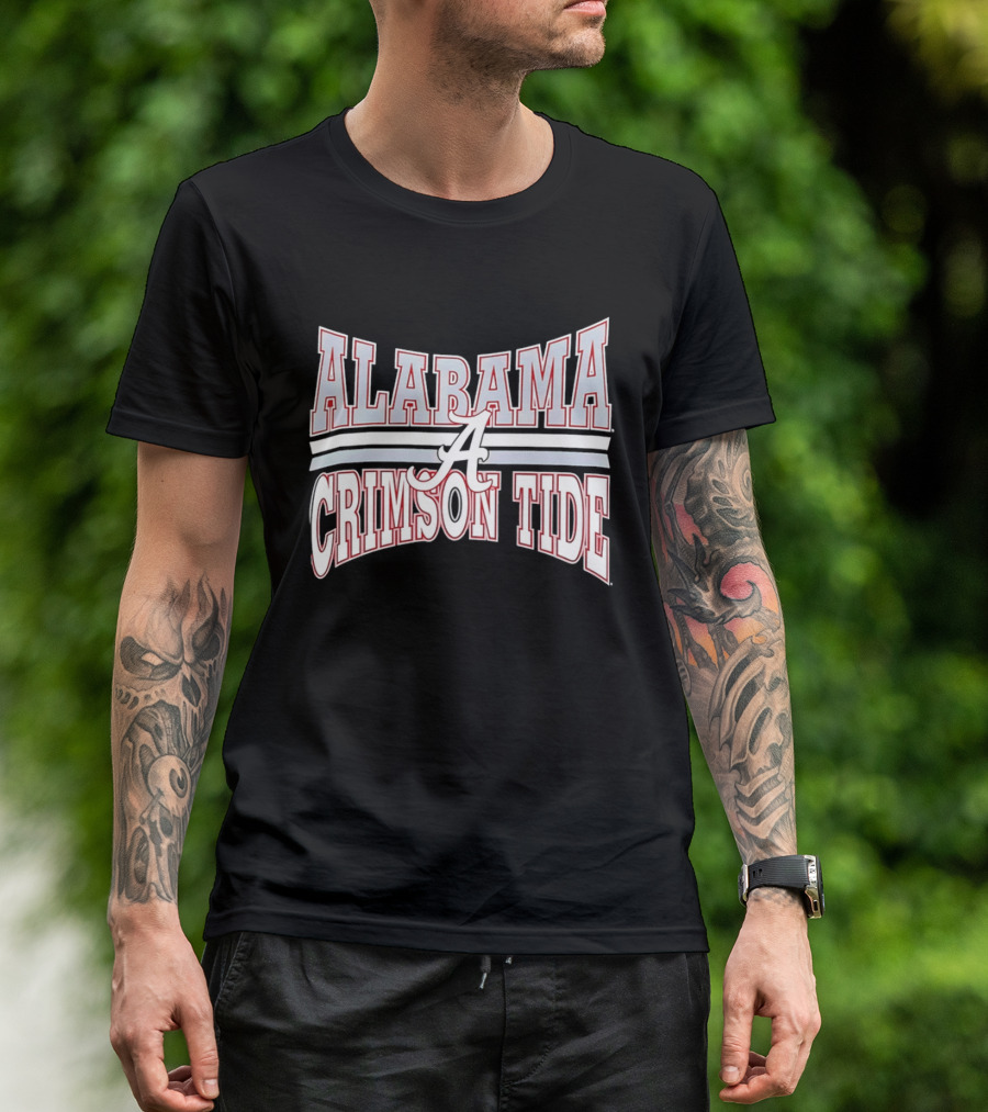 Alabama Crimson Tide Script A Curved Stripes Block Lettering T-Shirt
