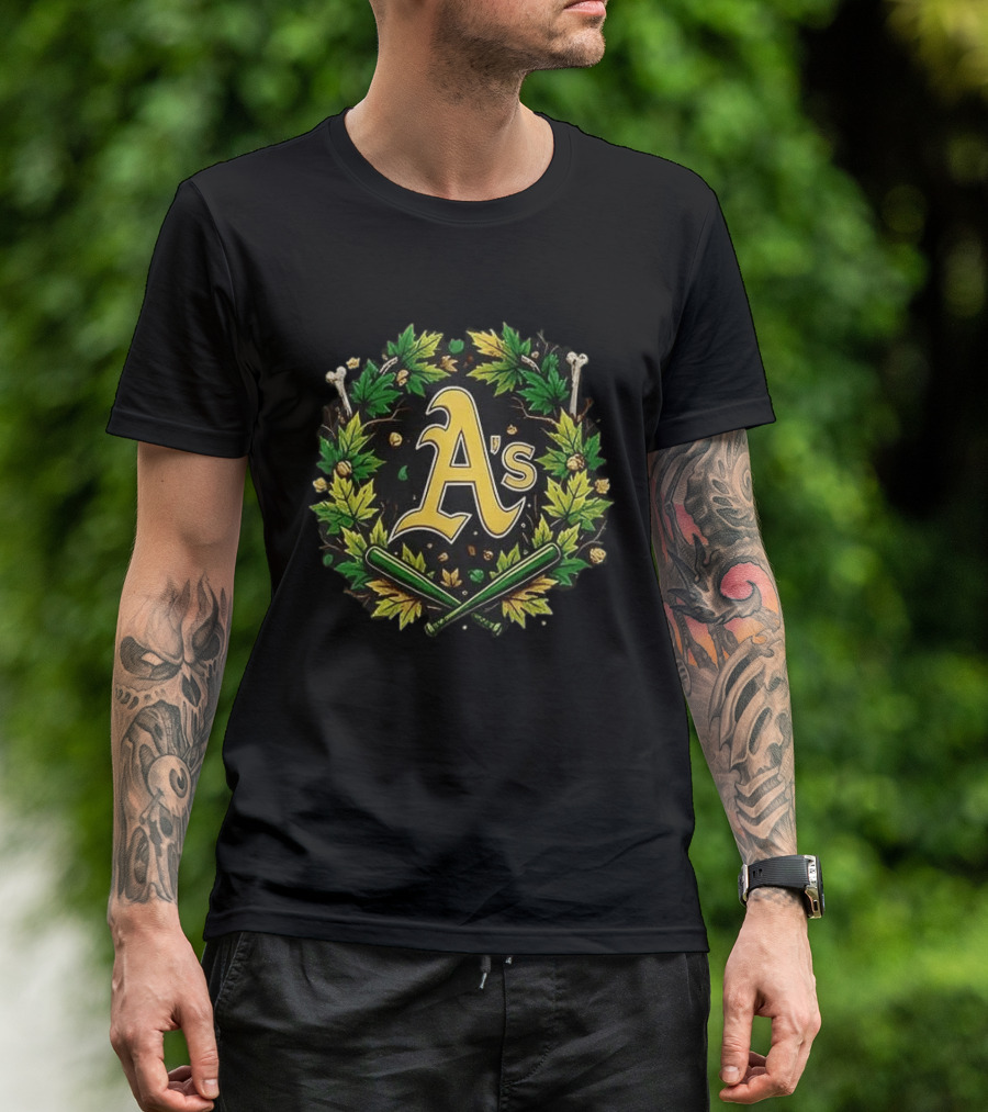 A's Halloween Maple Leaves Skull Crossed Bats Baseballs T-Shirt