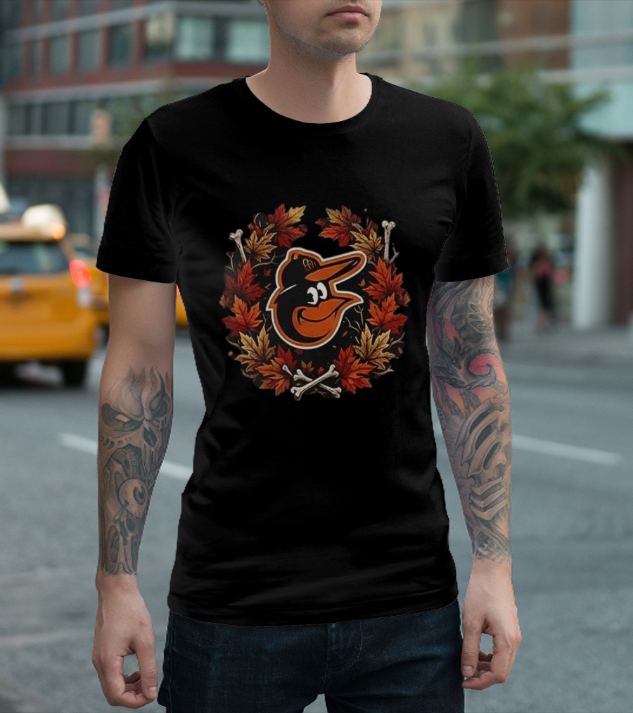 Baltimore Orioles Halloween Maple Leaves Skull Crossed Bats Baseballs T-Shirt