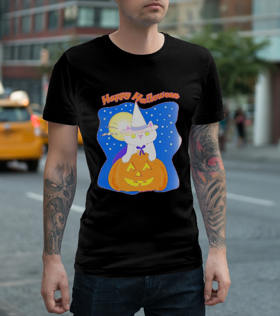 Happy Halloween Cat Witch On Pumpkin With Full Moon And Stars T-Shirt