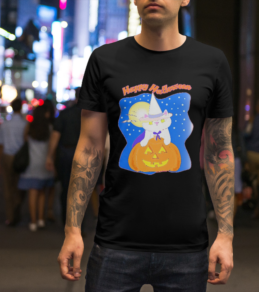 Happy Halloween Cat Witch On Pumpkin With Full Moon And Stars T-Shirt