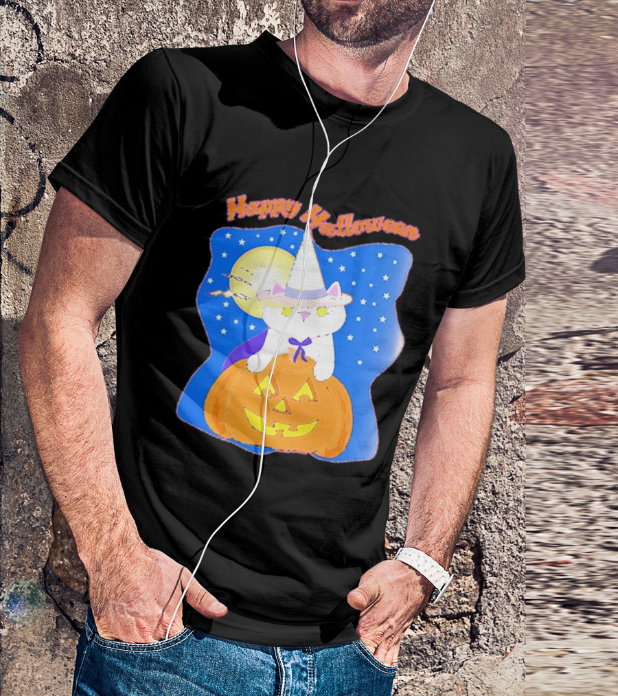 Happy Halloween Cat Witch On Pumpkin With Full Moon And Stars T-Shirt
