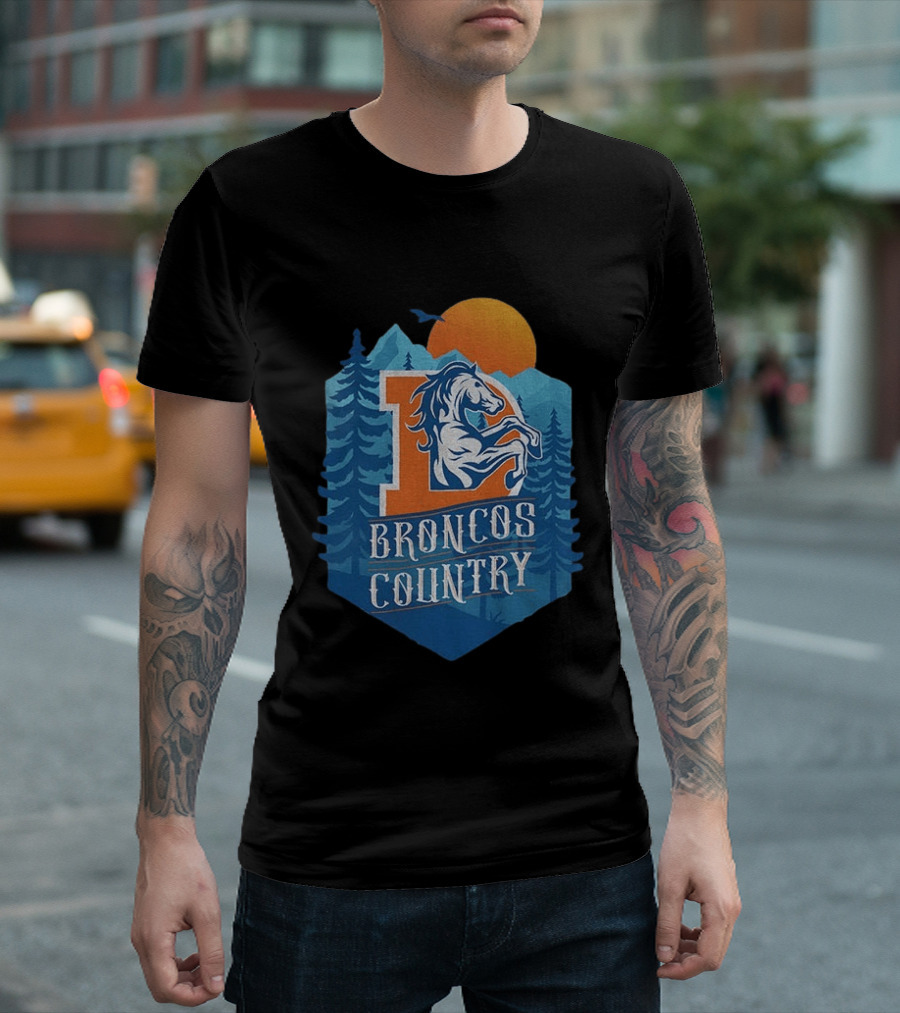 Denver Broncos Country Logo Football Mountain Sunset T-Shirt