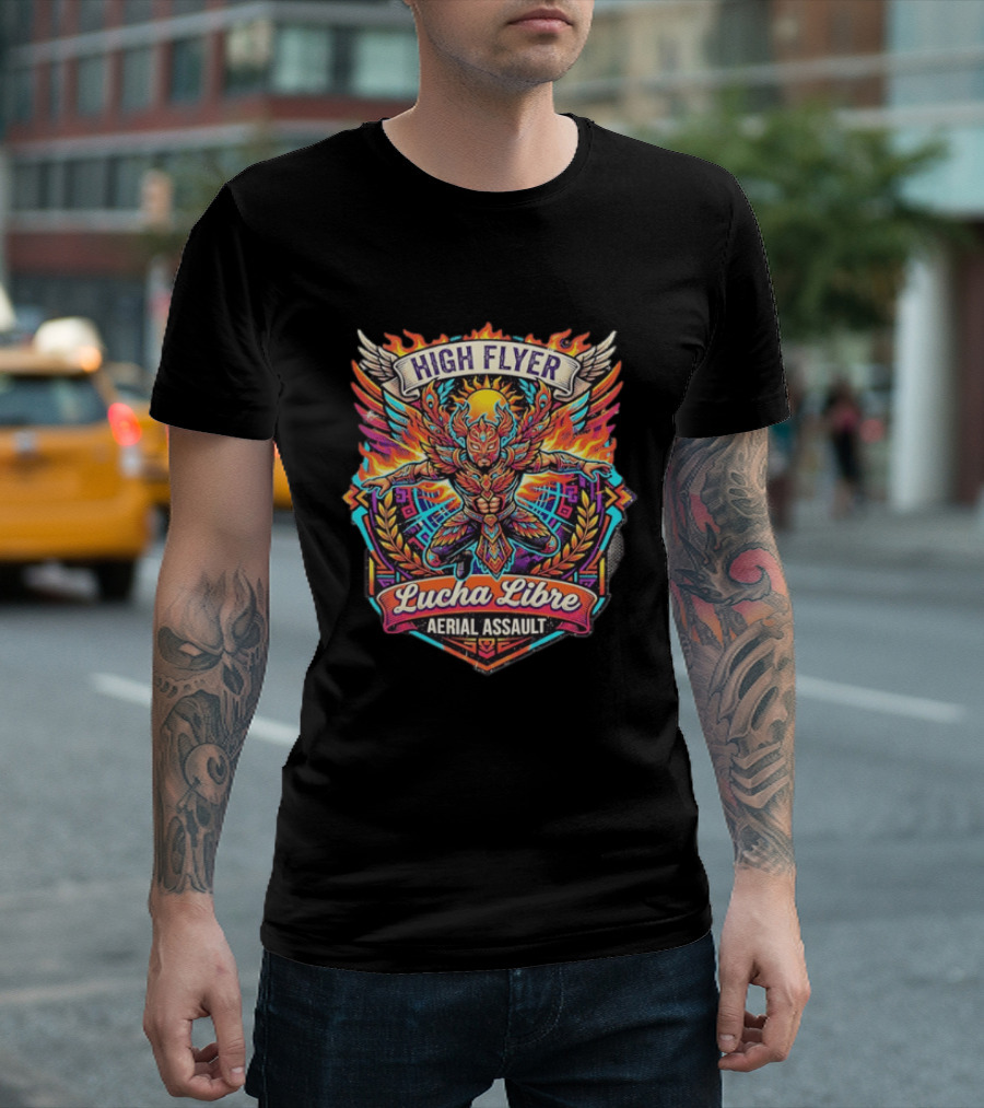 High Flyer Lucha Libre Aerial Assault Winged Masked Wrestler Sun Flames T-Shirt