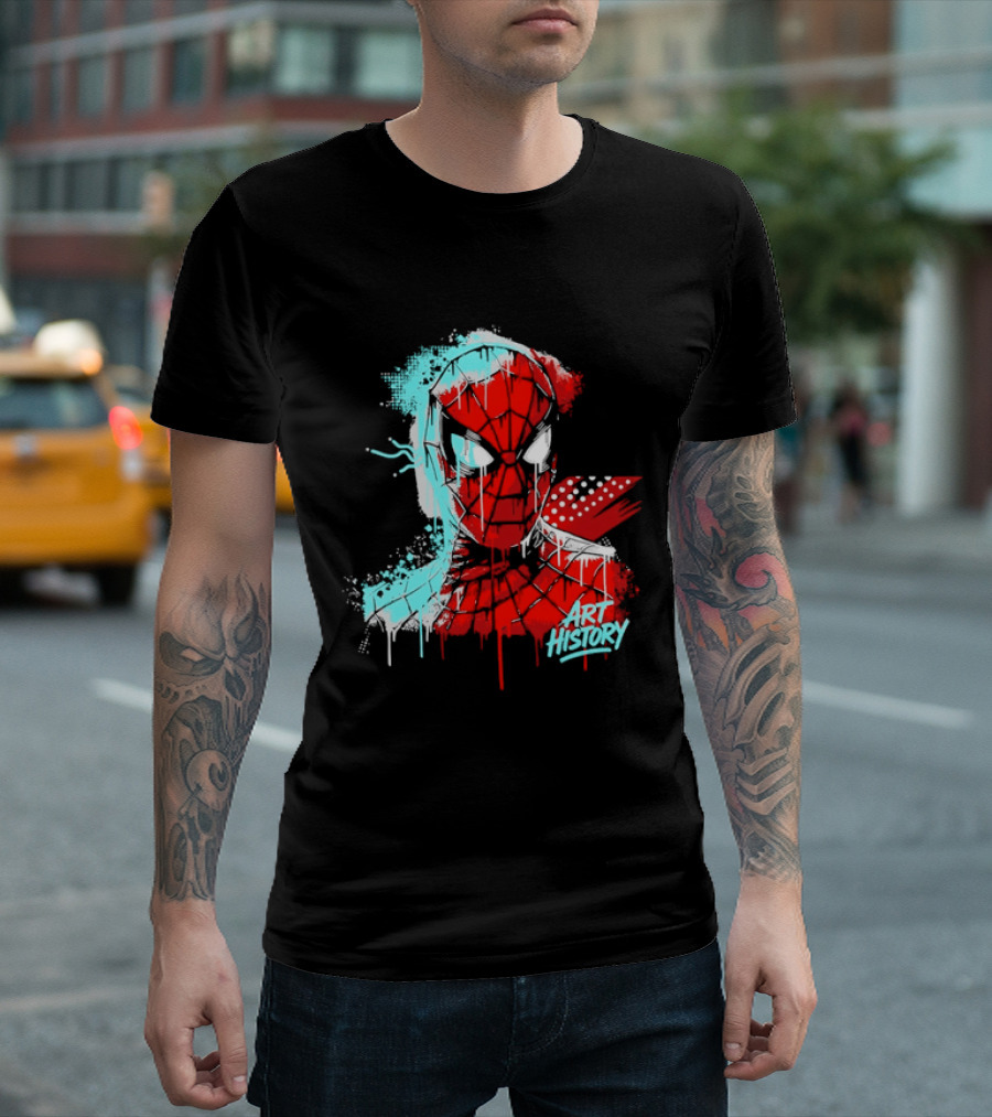 Spider Man Mask Dripping Paint Graffiti Art History Halftone Splatter T-Shirt