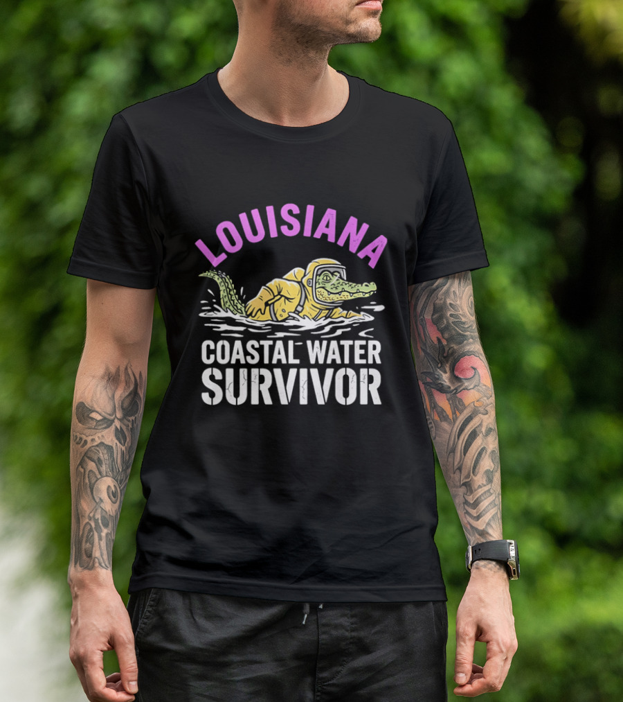 Louisiana Coastal Water Survivor Cartoon Alligator Yellow Hazmat Suit T-Shirt