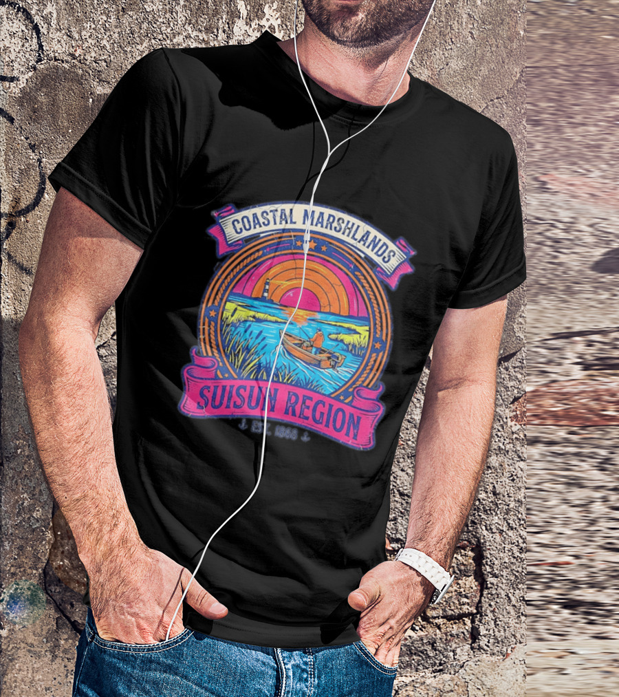 Coastal Marshlands Suisun Region Established 1868 Distressed Sunset Lighthouse Fisherman Boat Marsh T-Shirt