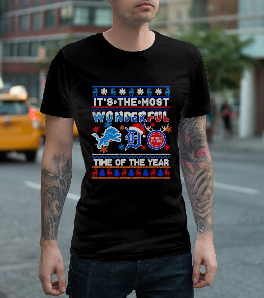 Detroit Lions And Pistons Christmas 2026 It's The Most Wonderful Time Of The Year T-Shirt