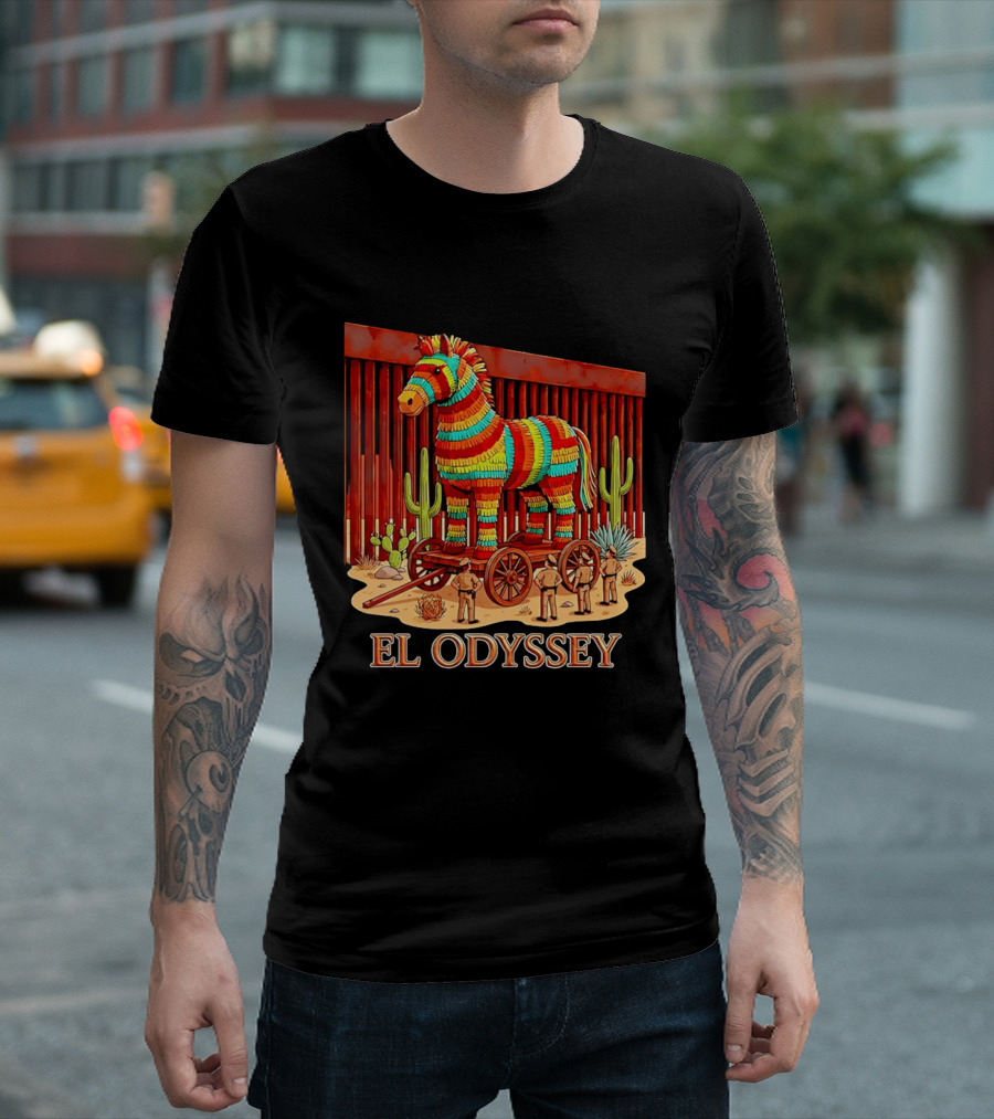 El Odyssey Piñata Horse Statue At Border With Cacti And Soldiers T-Shirt