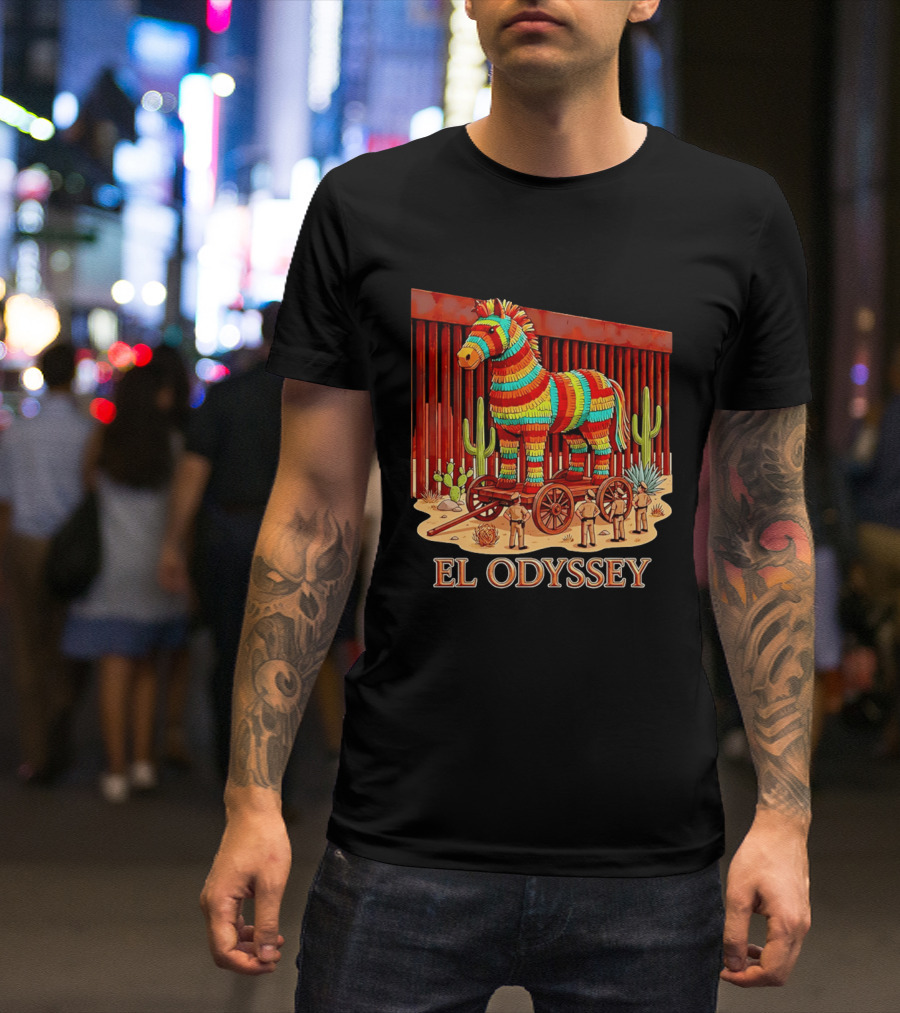 El Odyssey Piñata Horse Statue At Border With Cacti And Soldiers T-Shirt