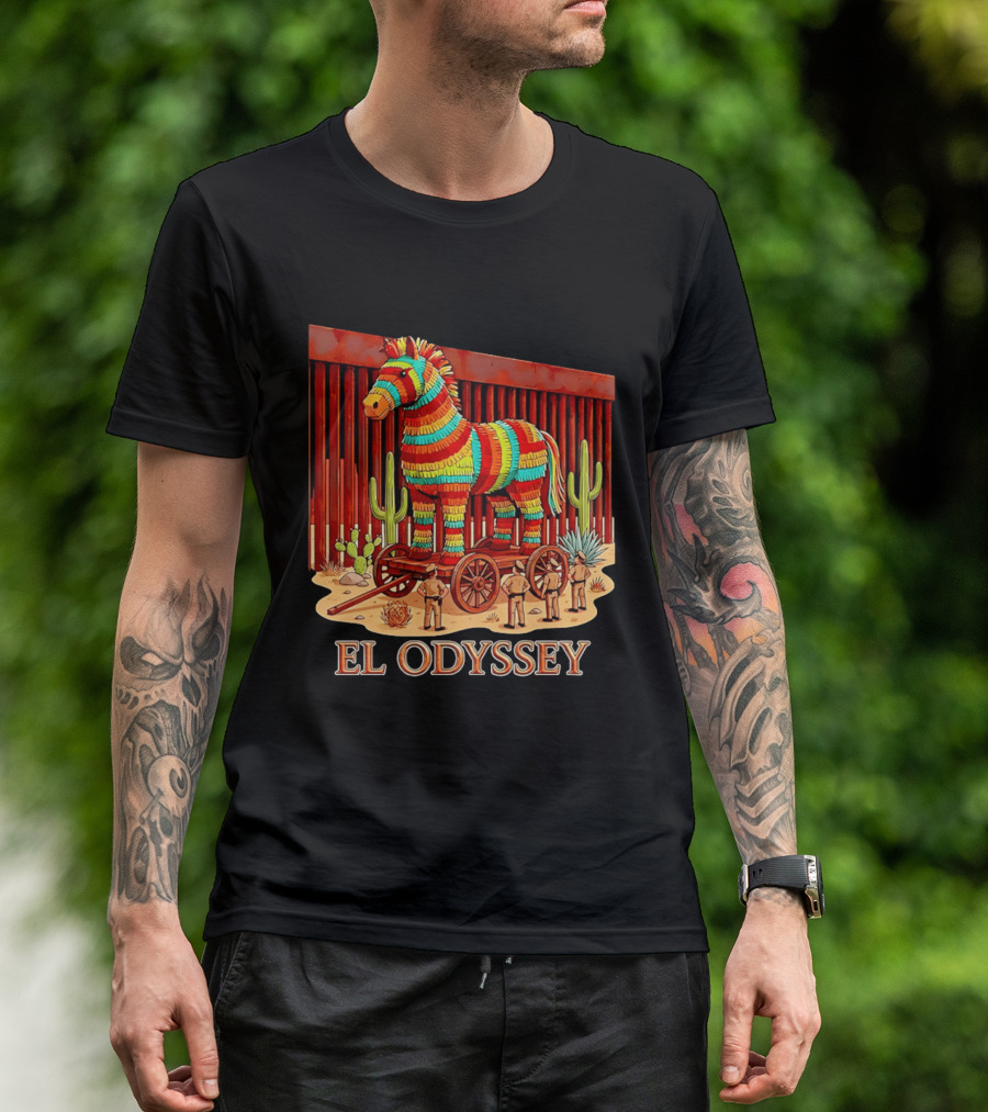El Odyssey Piñata Horse Statue At Border With Cacti And Soldiers T-Shirt