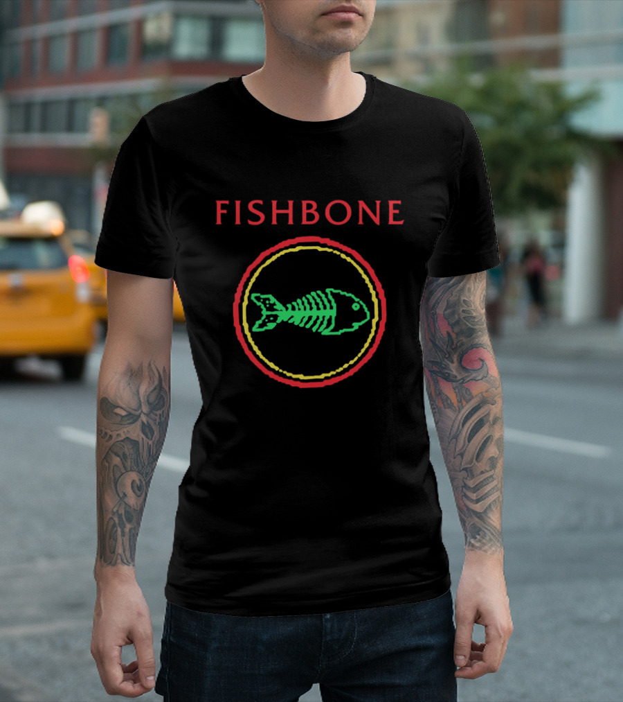 Fishbone Red Text Green Fish Skeleton Yellow Circular Frame T-Shirt