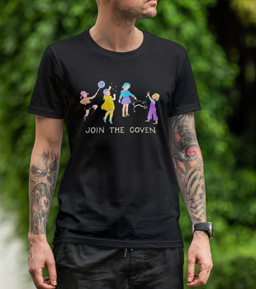 Join The Coven Funny Retro Witchy Kids Playing With Black Cat T-Shirt