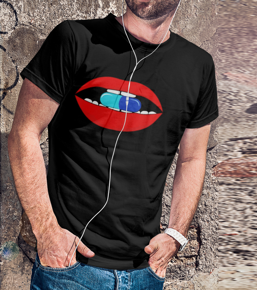 Red Lips Blue And Cyan Pill Bite T-Shirt