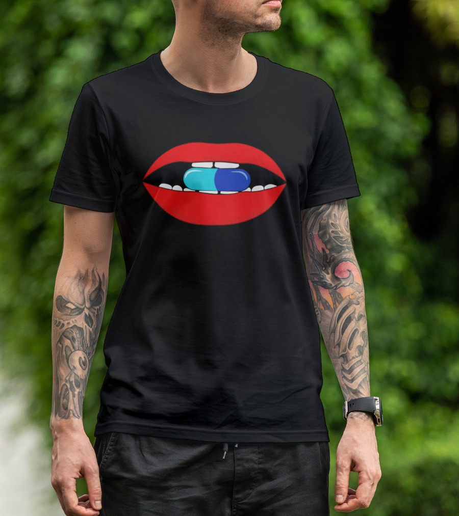 Red Lips Blue And Cyan Pill Bite T-Shirt
