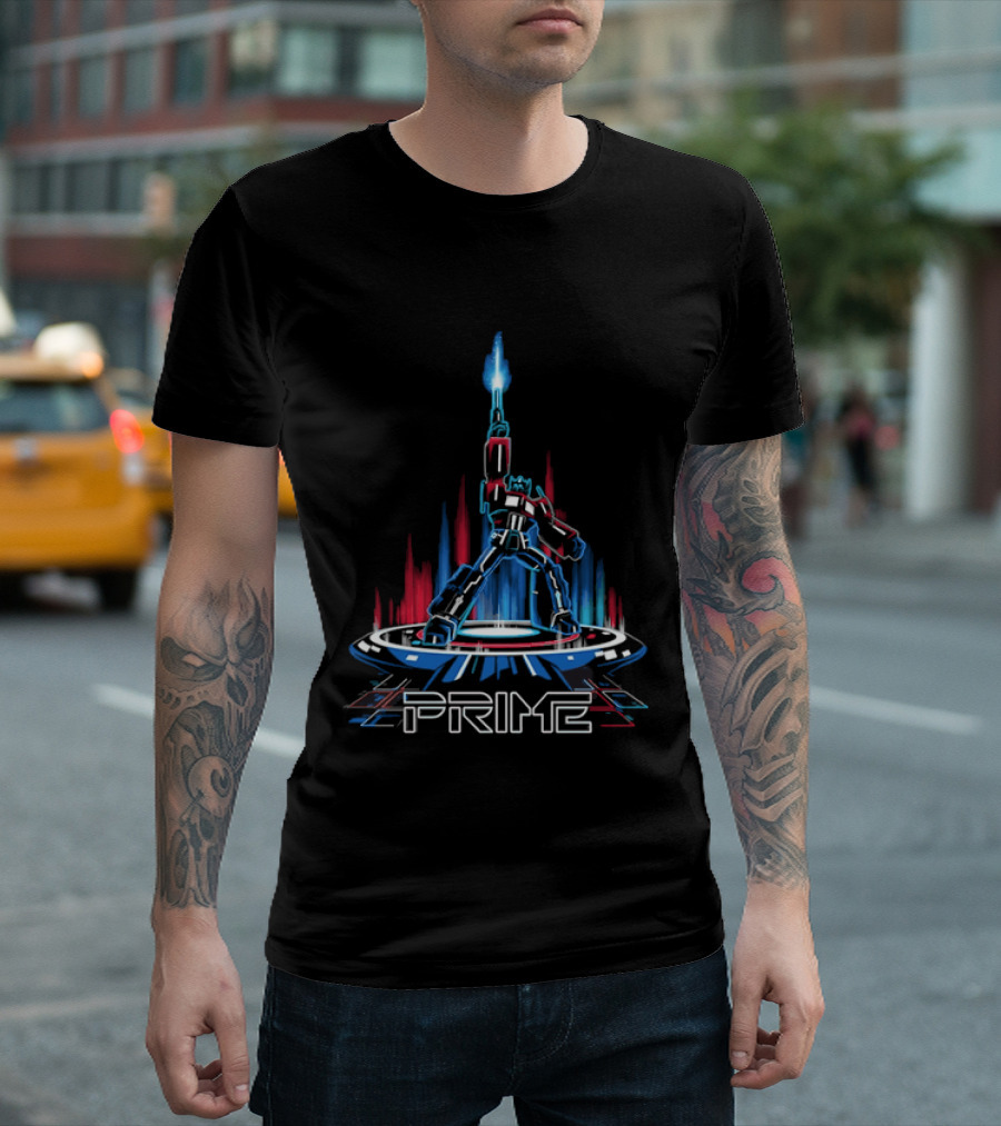 Prime Neon Robot Raising Glowing Light Beam Circular Platform T-Shirt