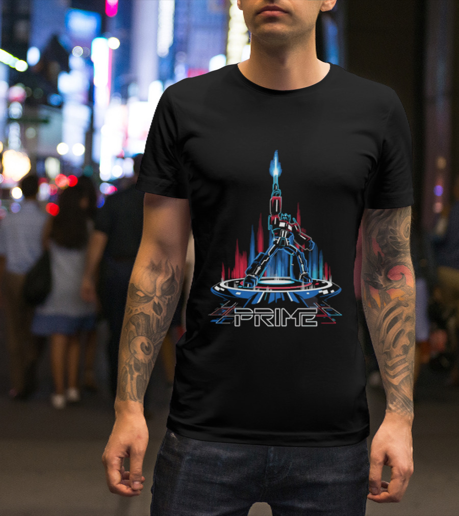 Prime Neon Robot Raising Glowing Light Beam Circular Platform T-Shirt