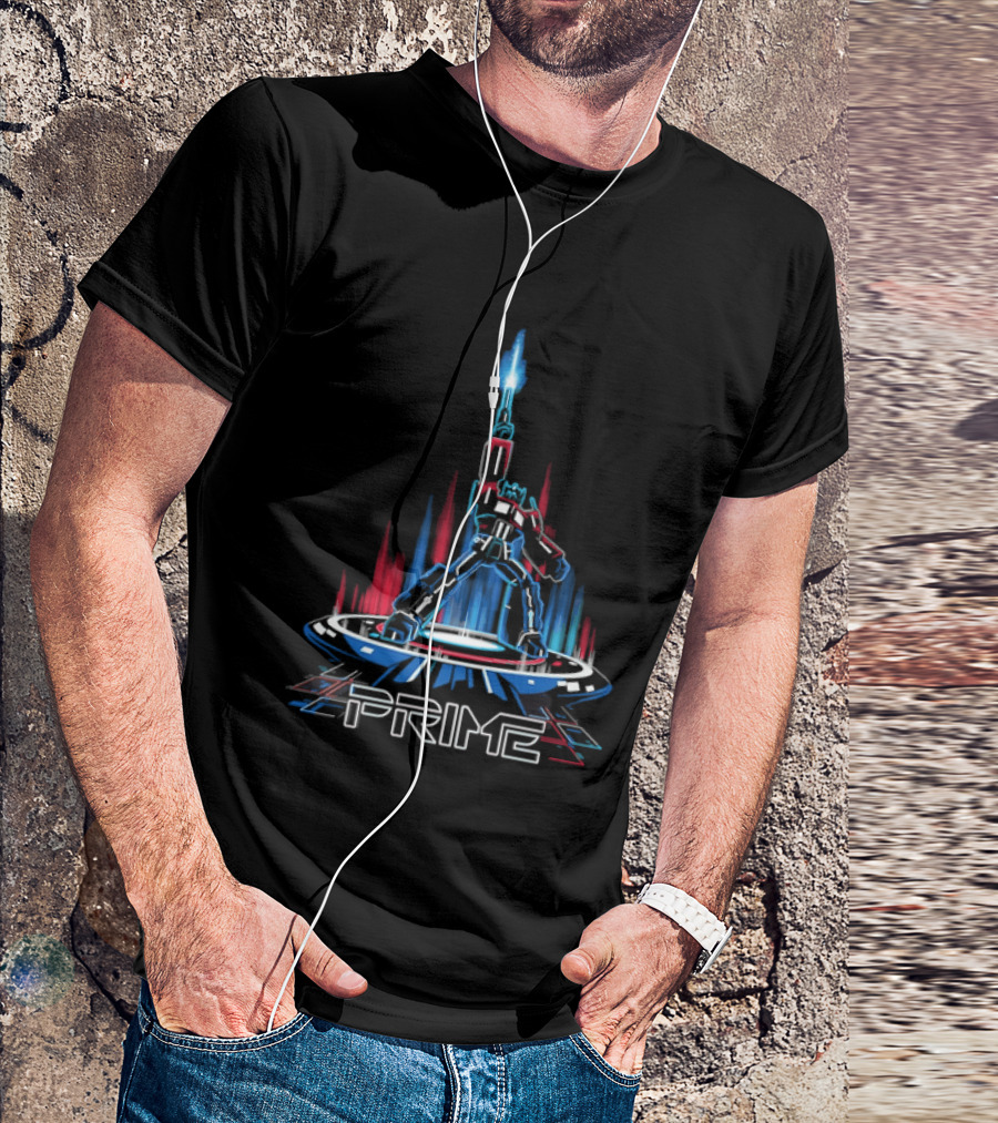 Prime Neon Robot Raising Glowing Light Beam Circular Platform T-Shirt