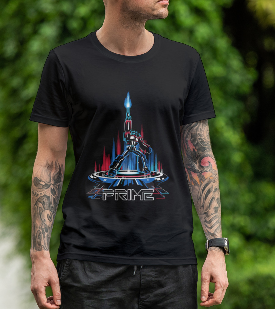 Prime Neon Robot Raising Glowing Light Beam Circular Platform T-Shirt