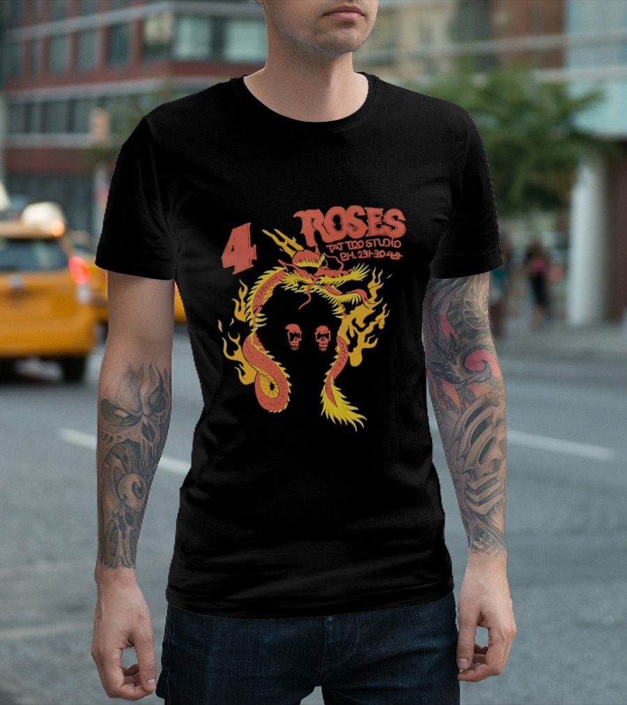 4 Roses Tattoo Studio Ph 231 3044 Dragon Yellow Flames Red Skulls T-Shirt