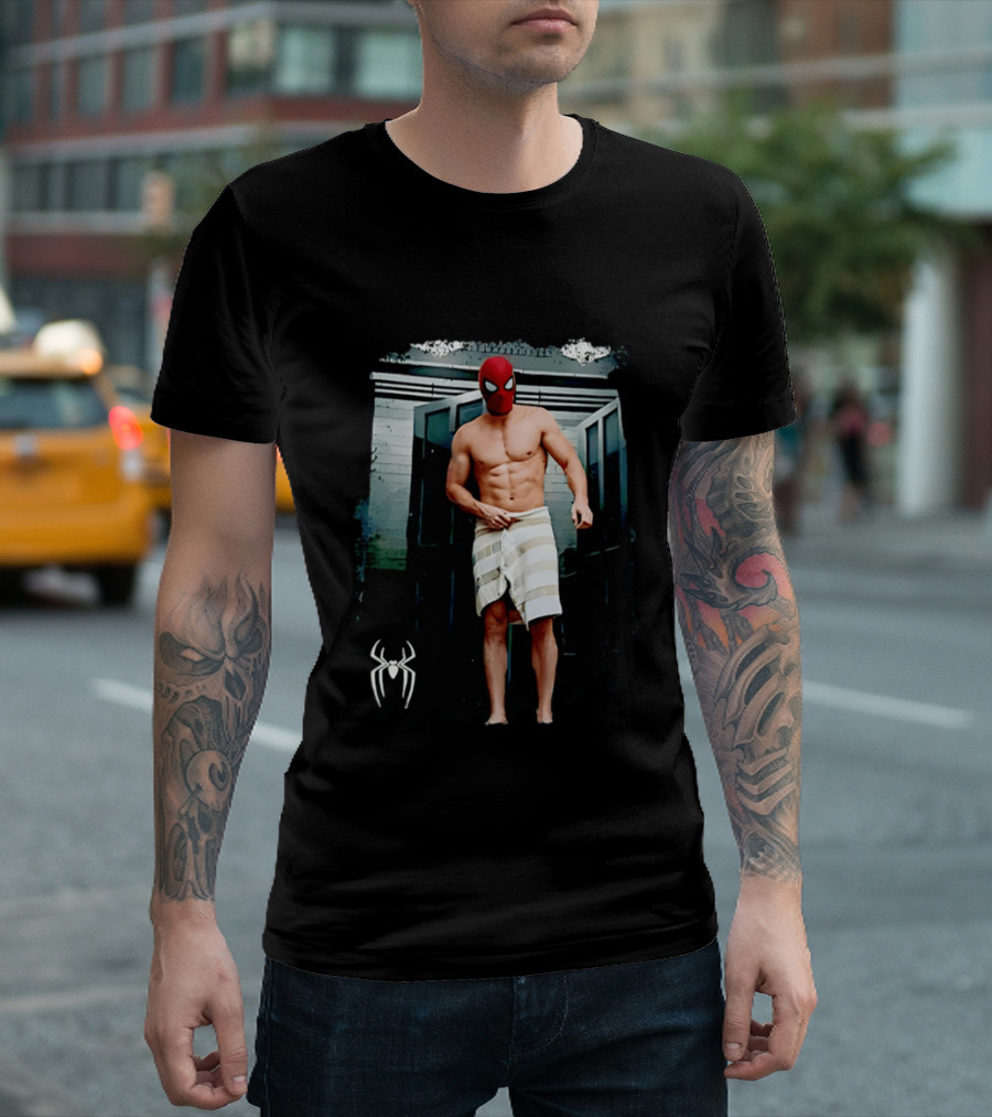 Spider Man Masked Figure In Towel Scene With Iconic White Spider T-Shirt