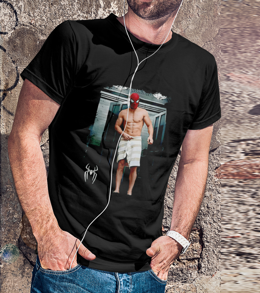 Spider Man Masked Figure In Towel Scene With Iconic White Spider T-Shirt