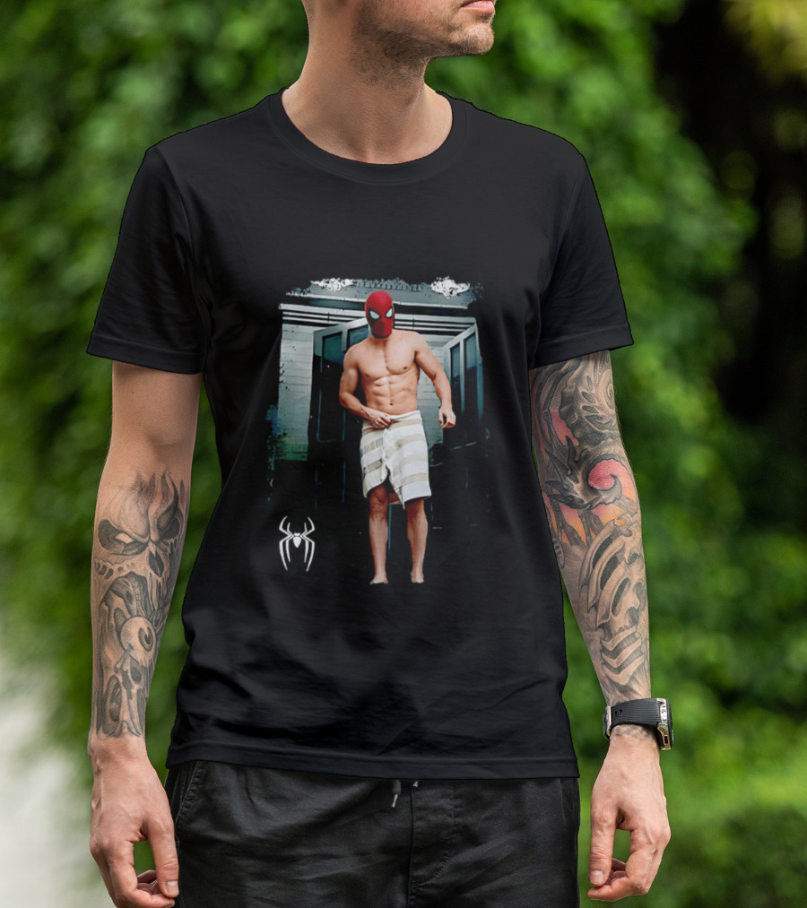 Spider Man Masked Figure In Towel Scene With Iconic White Spider T-Shirt